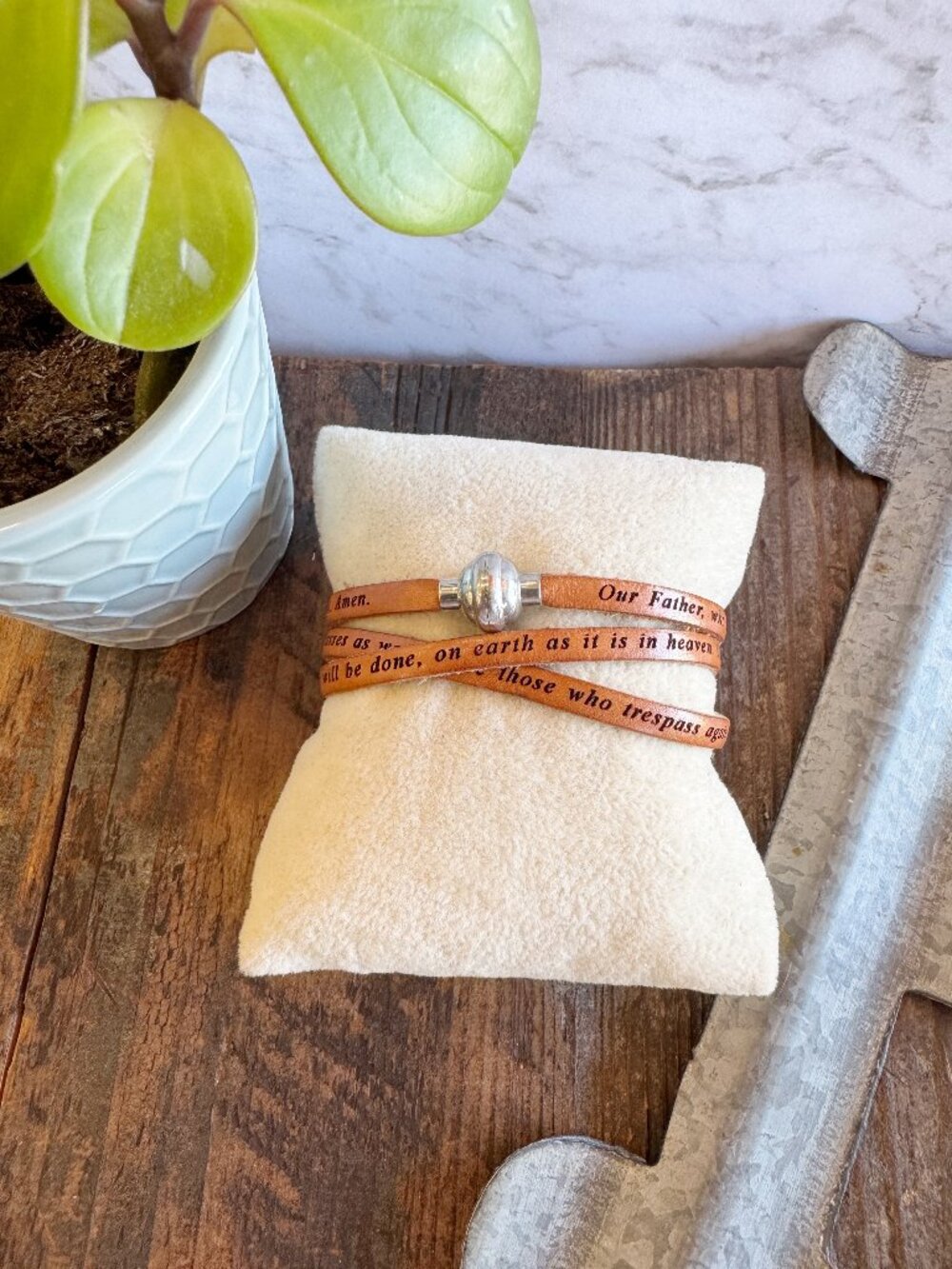 AMEN Tan Leather Stainless Steel Lord's Prayer Wrap Bracelet